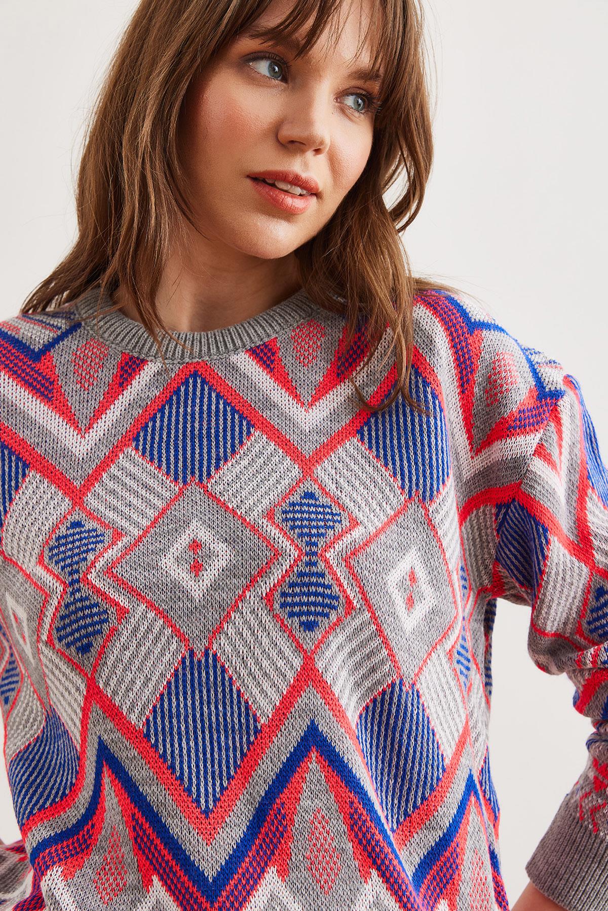 Kilim Desen Triko Kazak Gri
