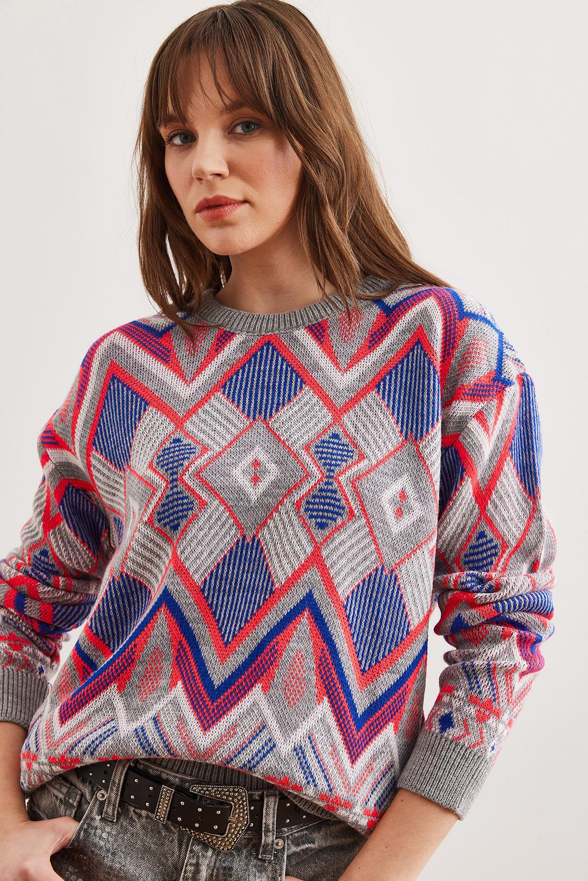Kilim Desen Triko Kazak Gri