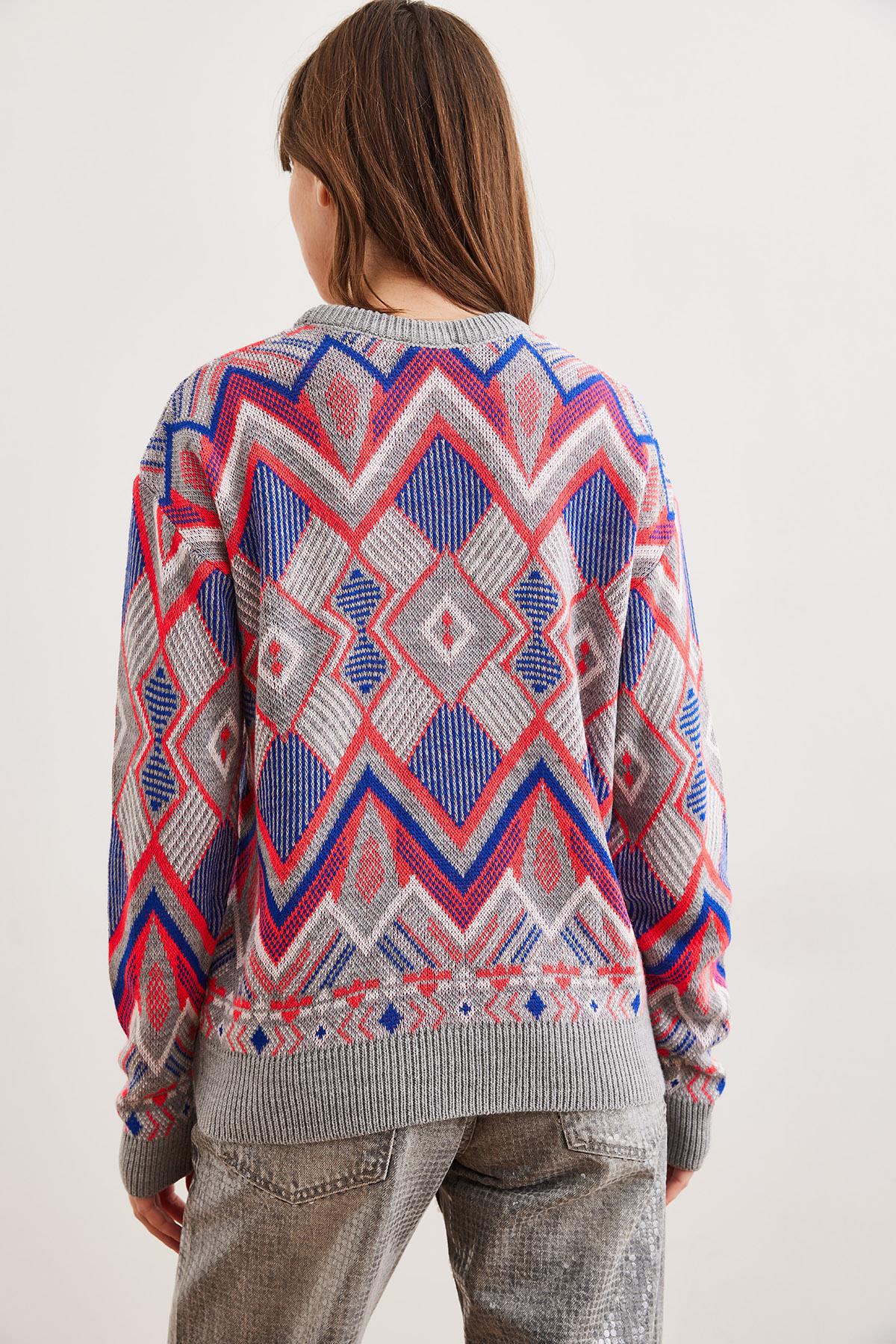 Kilim Desen Triko Kazak Gri