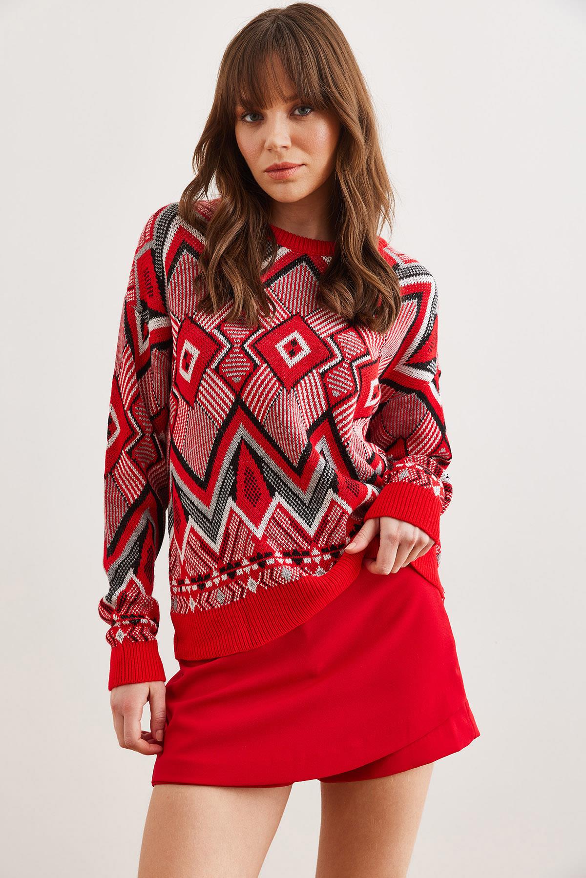 Kilim Desen Triko Kazak Kırmızı