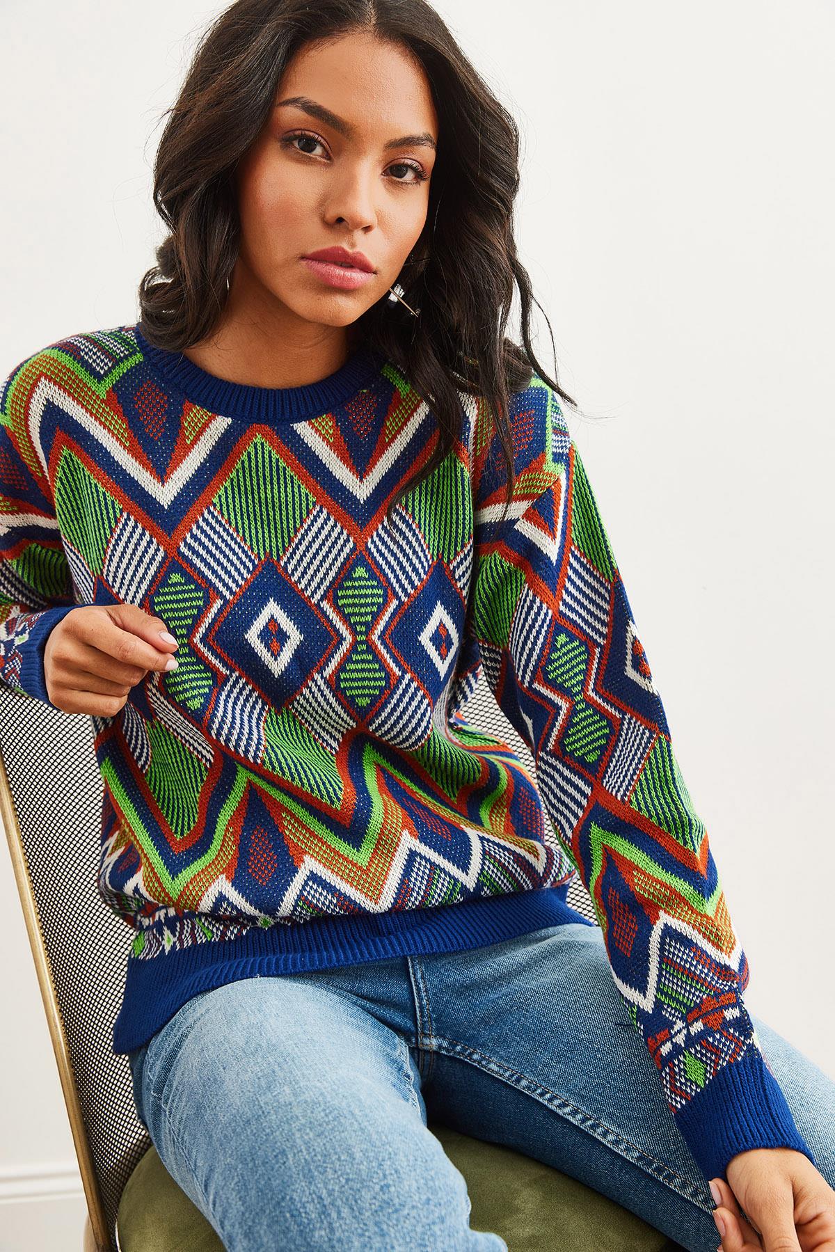 Kilim Desen Triko Kazak Lacivert