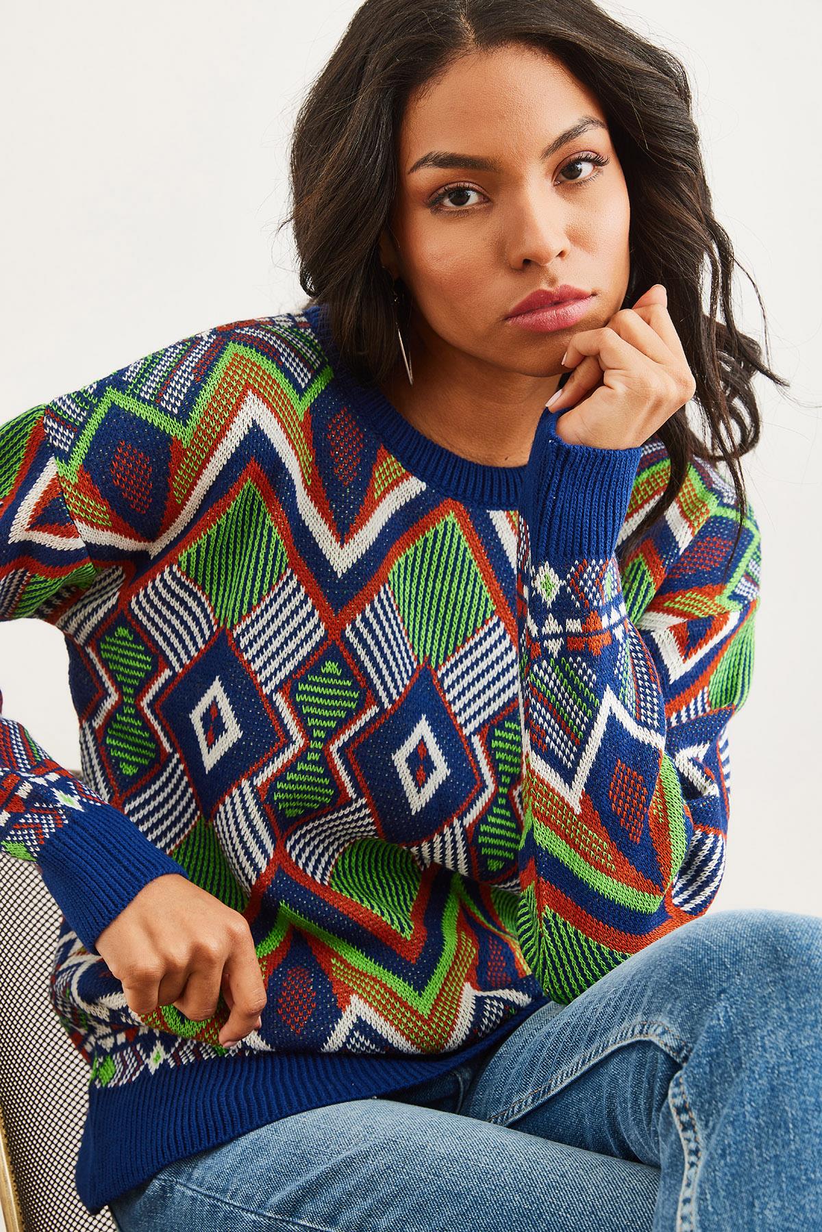 Kilim Desen Triko Kazak Lacivert