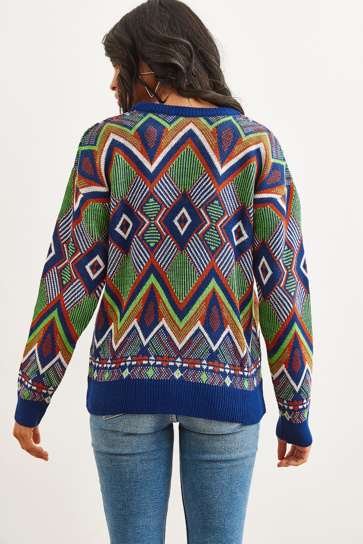 Kilim Desen Triko Kazak Lacivert