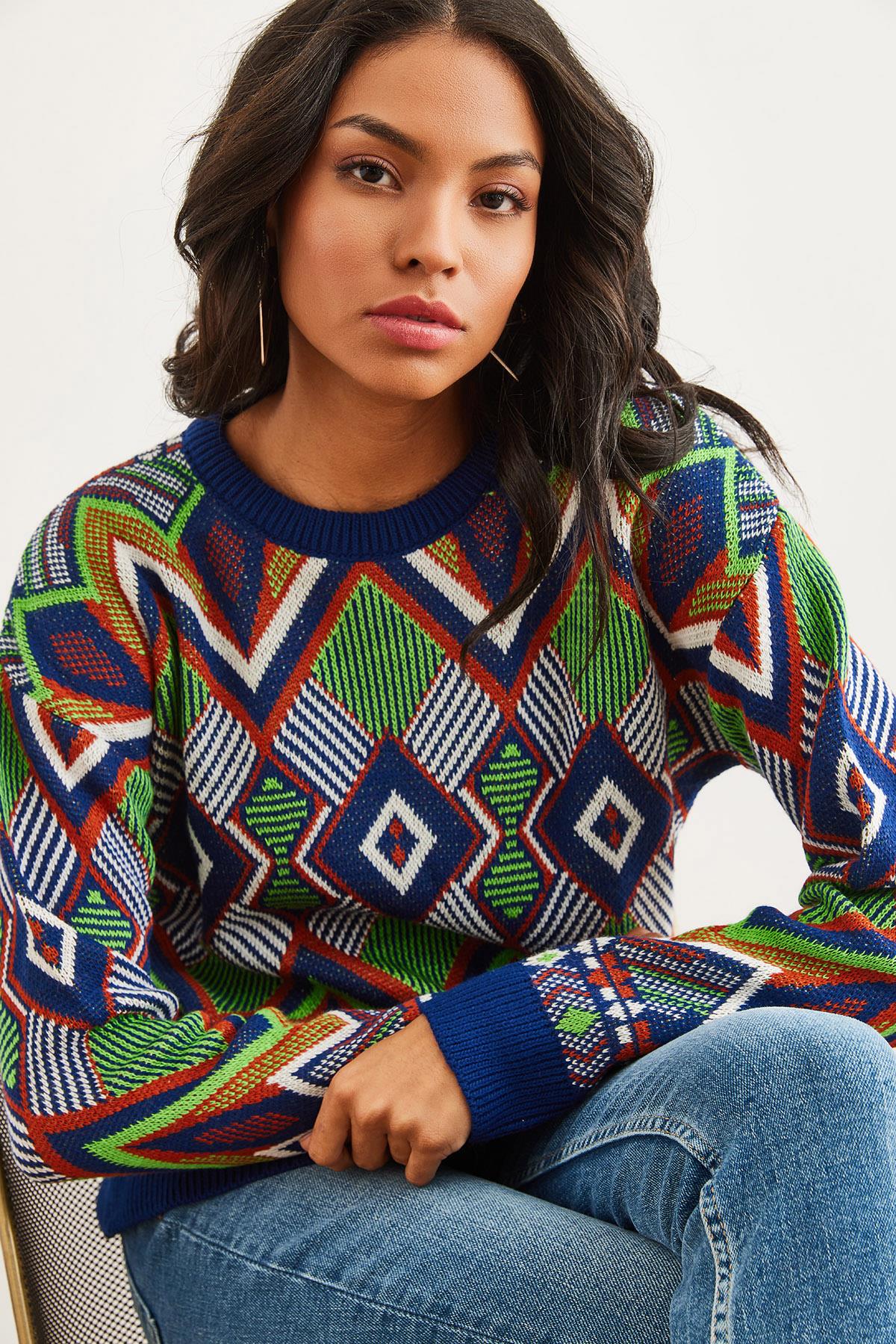 Kilim Desen Triko Kazak Lacivert