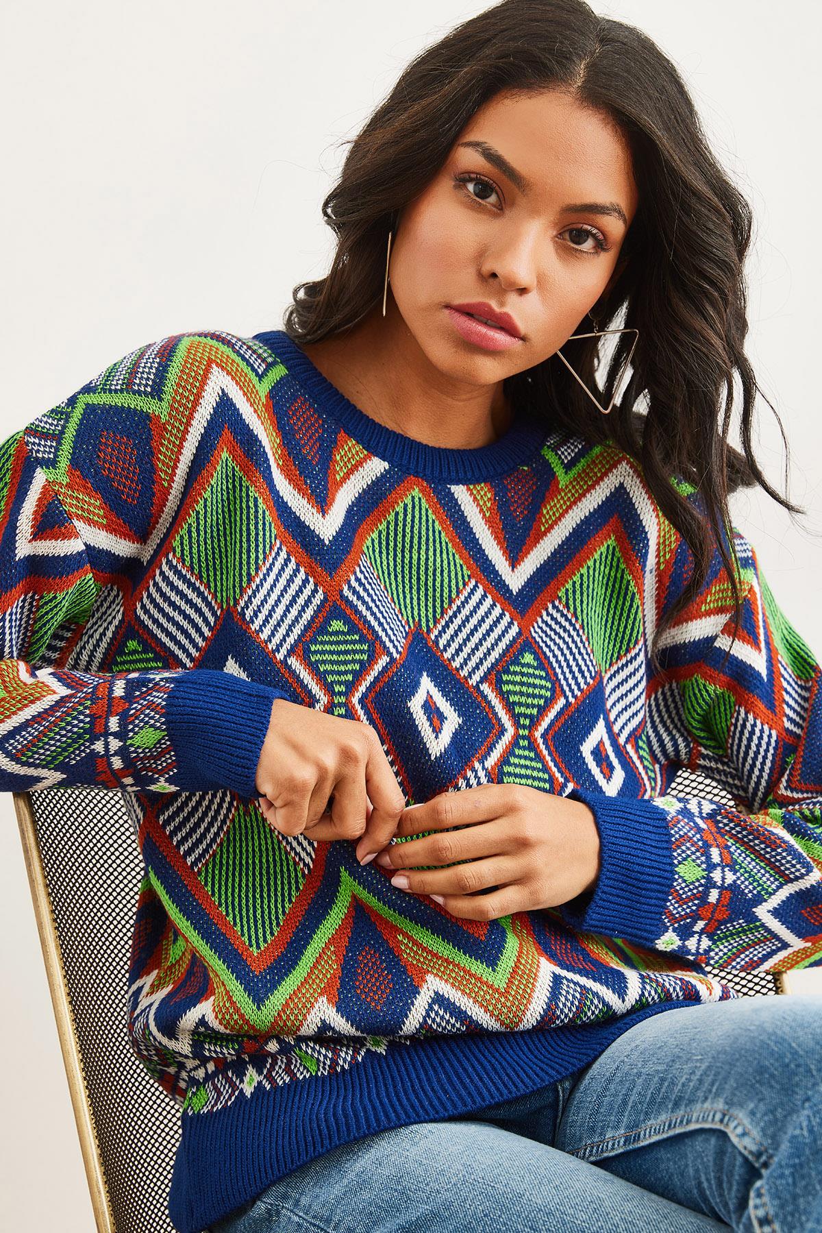 Kilim Desen Triko Kazak Lacivert