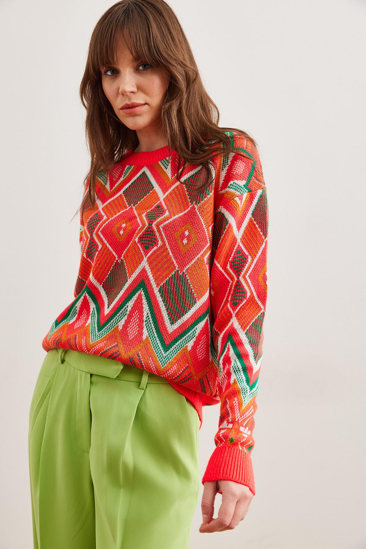 Kilim Desen Triko Kazak Mercan