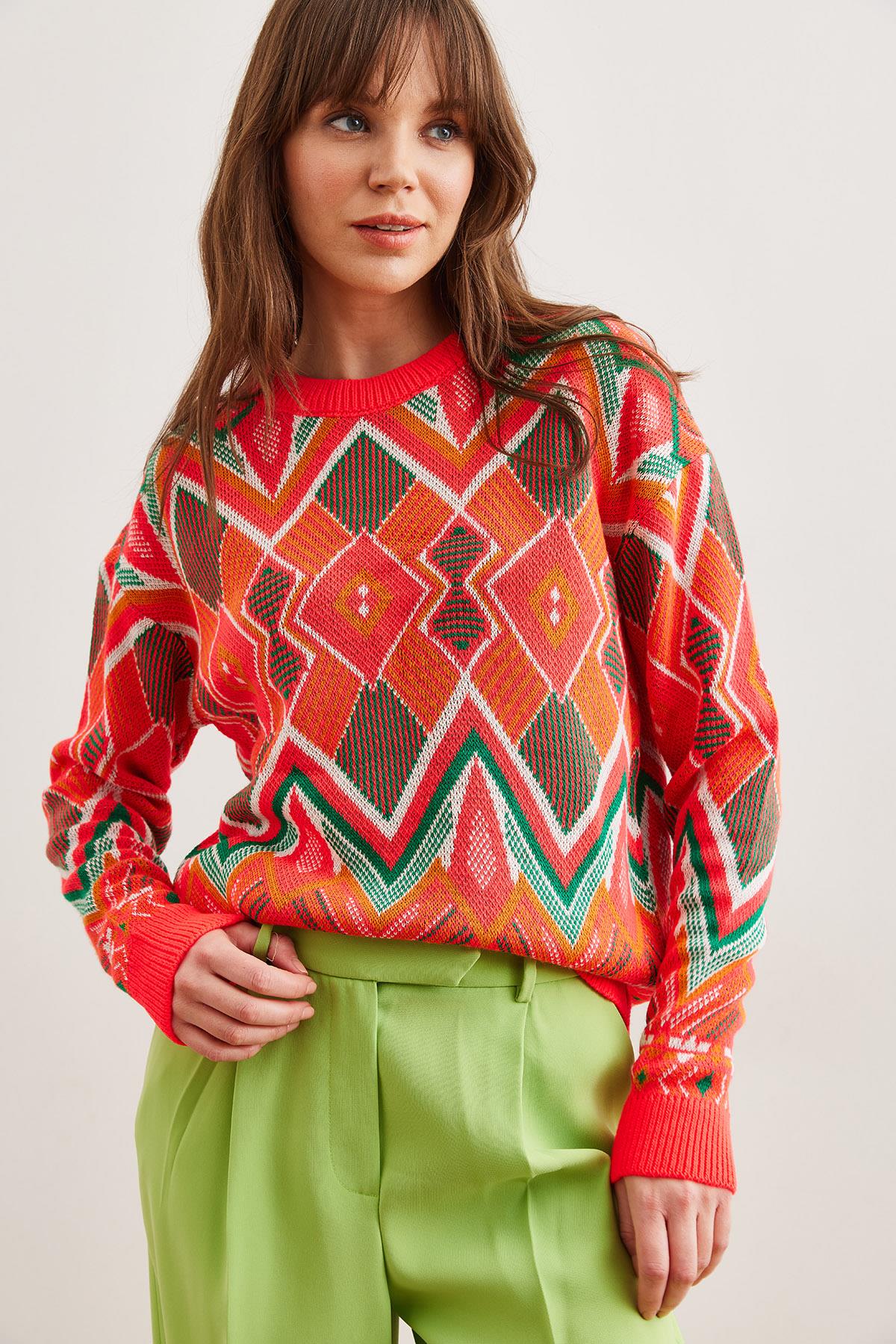 Kilim Desen Triko Kazak Mercan