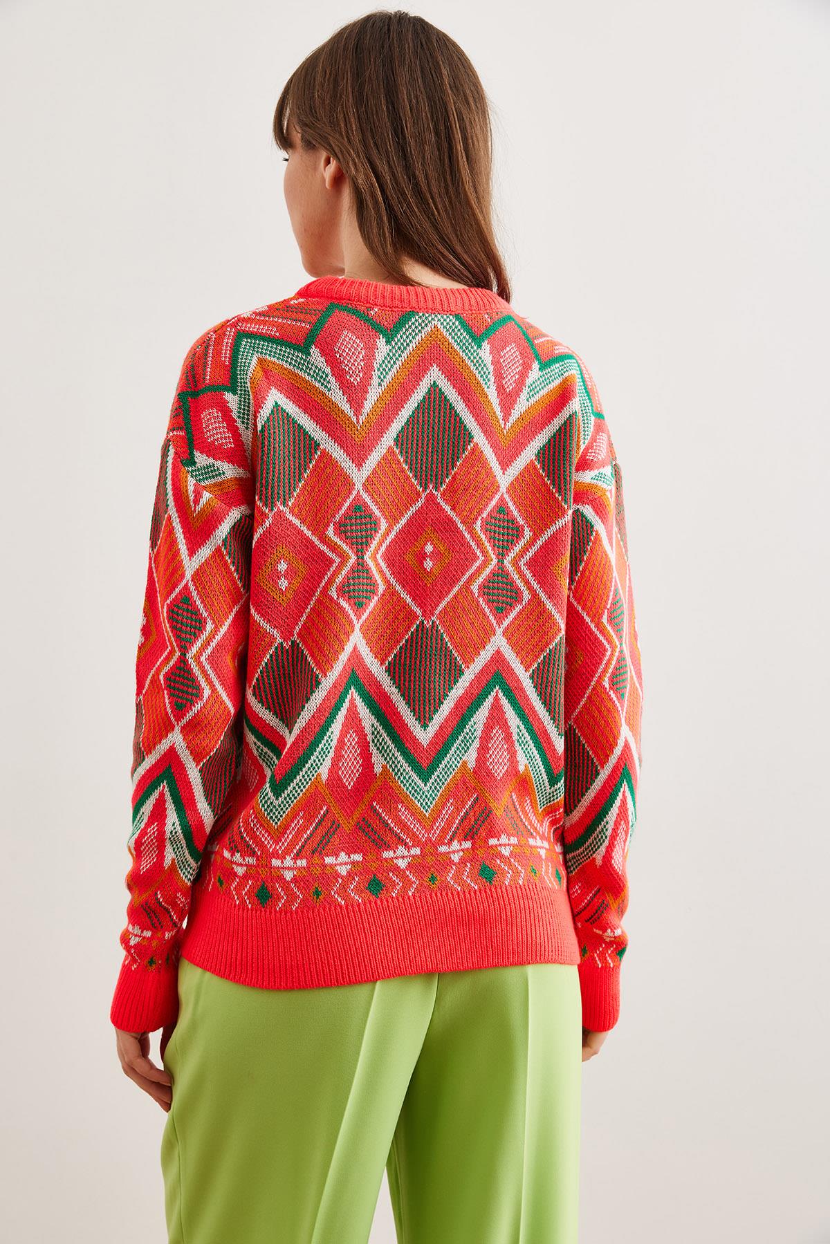 Kilim Desen Triko Kazak Mercan