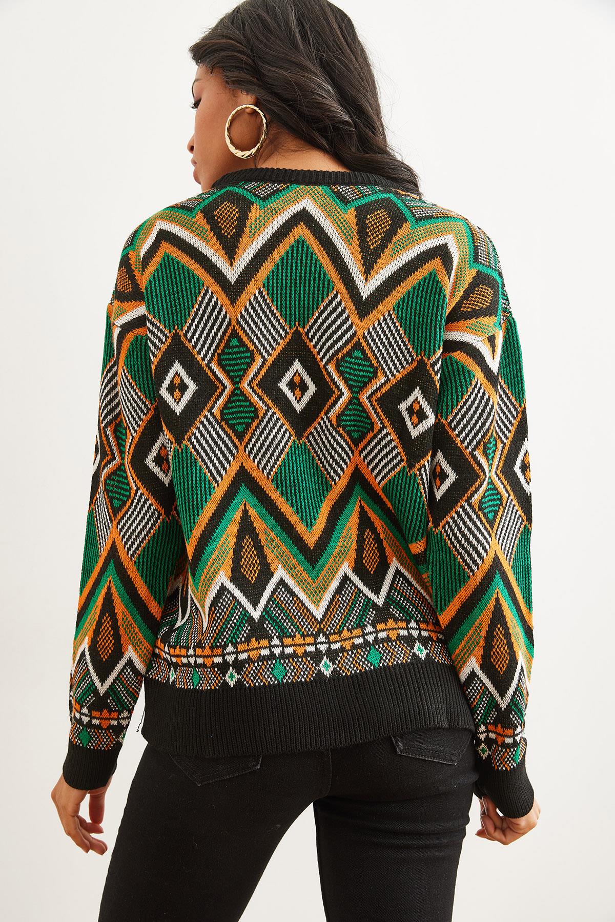 Kilim Desen Triko Kazak Siyah