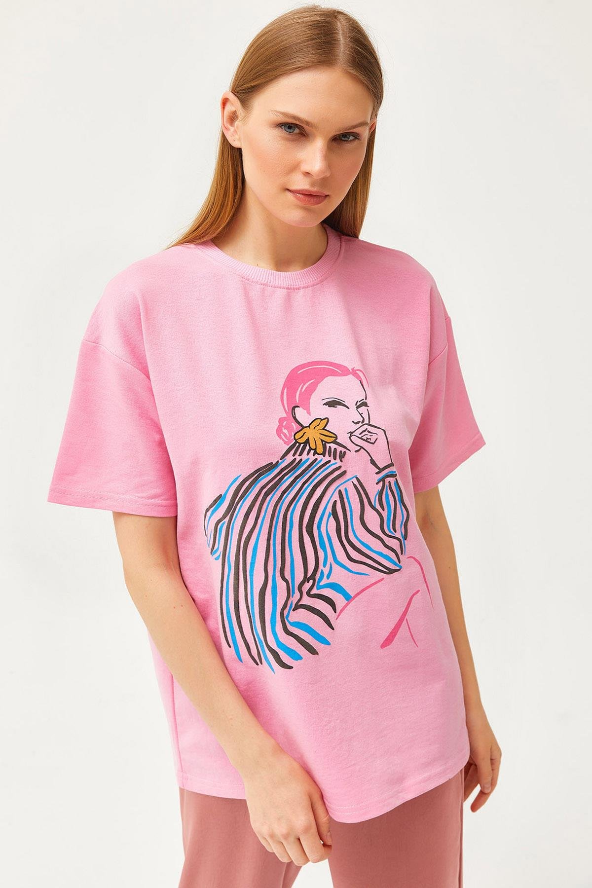 Kız Baskılı Oversize Tişört Pembe