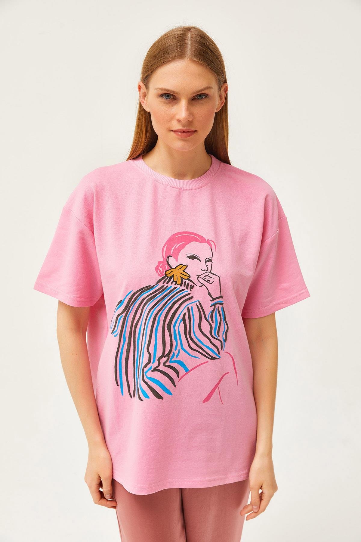 Kız Baskılı Oversize Tişört Pembe