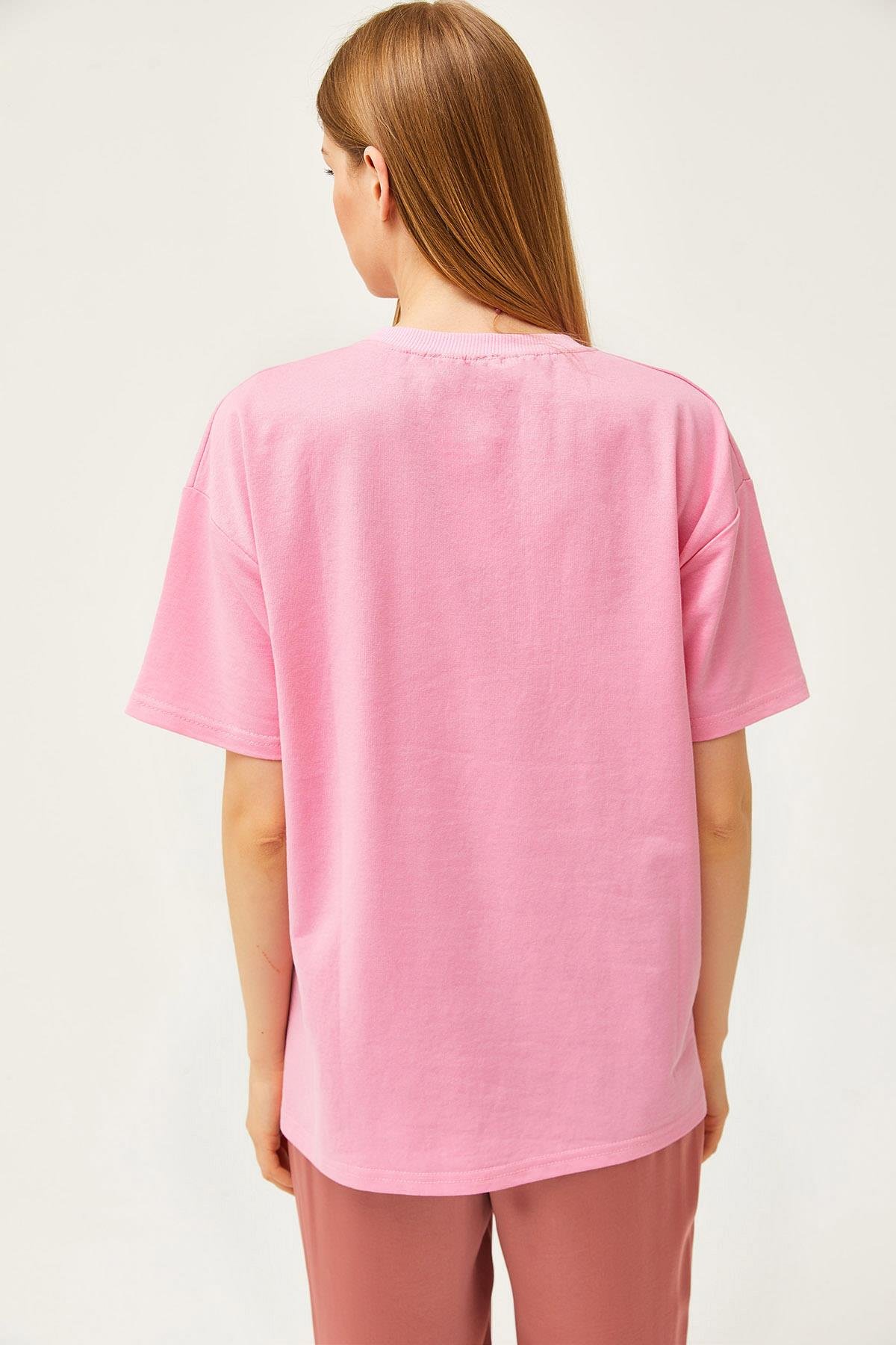 Kız Baskılı Oversize Tişört Pembe