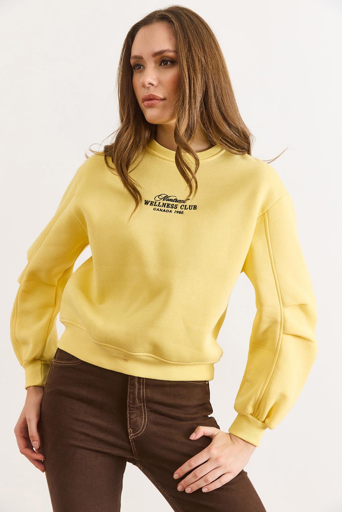 Kol Detaylı Nakışlı Şardonlu Sweatshirt Sarı