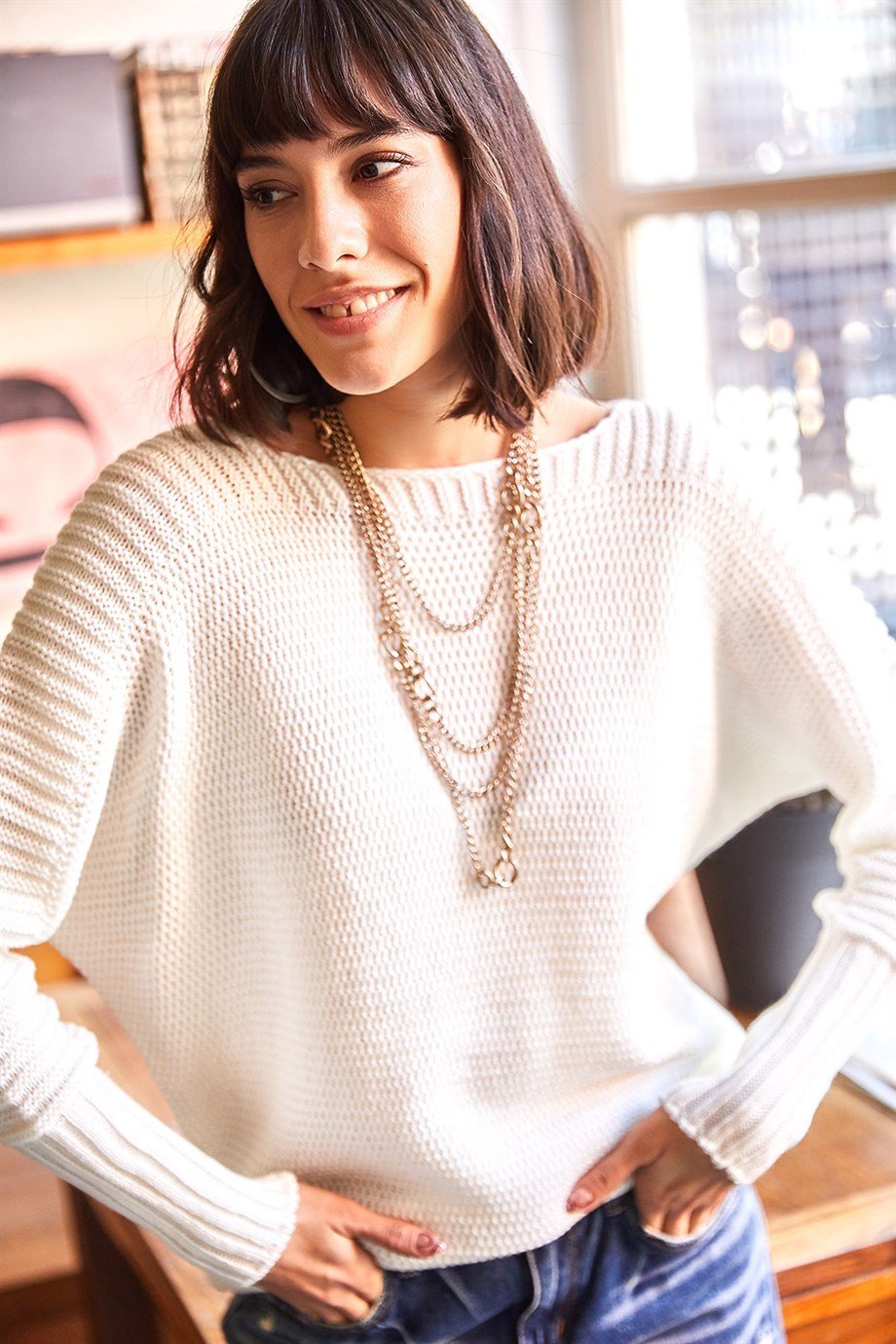 Kol Detaylı Petek Örgü Kazak Ekru