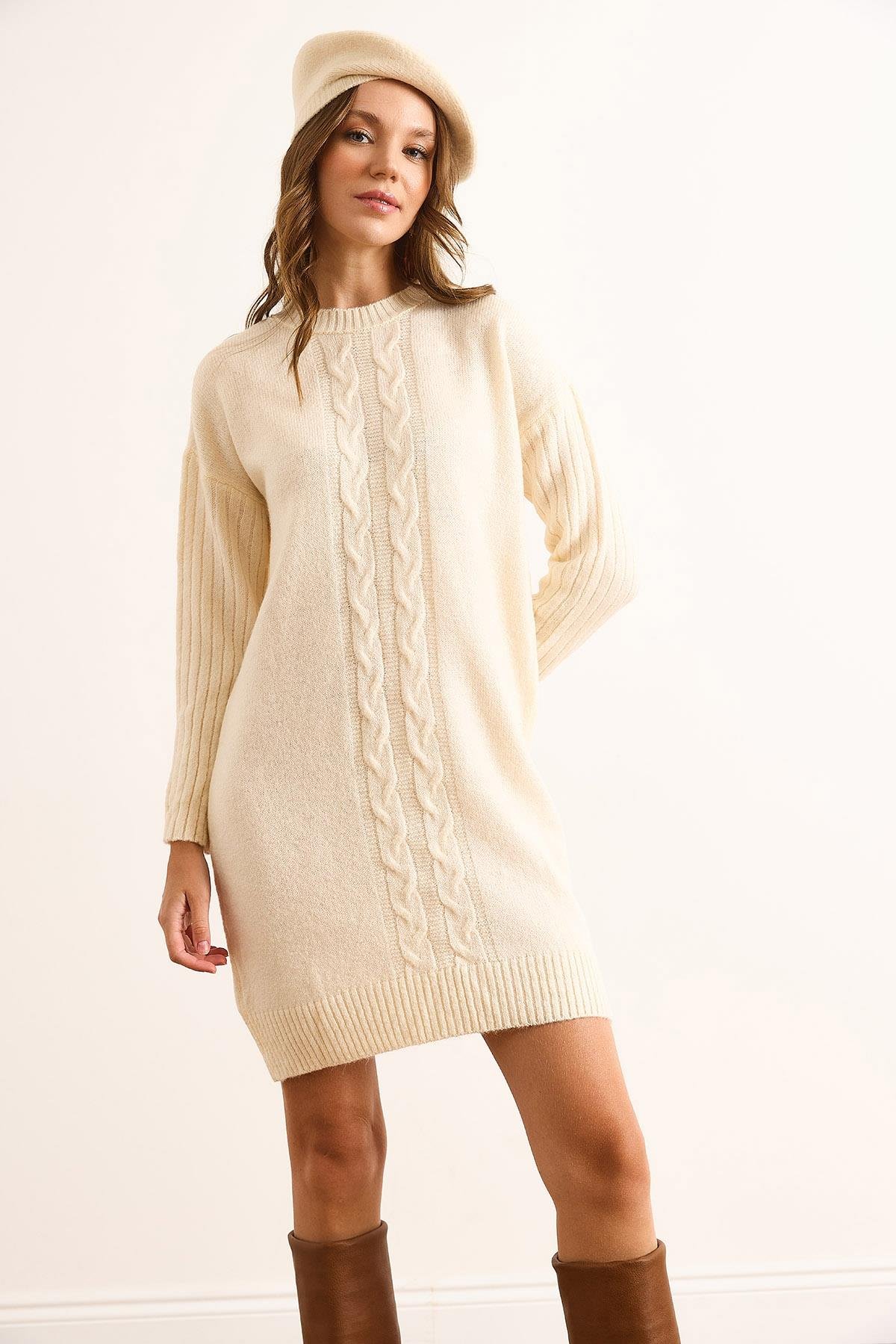 Kol Fitilli Önü Saç Örgülü Triko Tunik Elbise Ekru