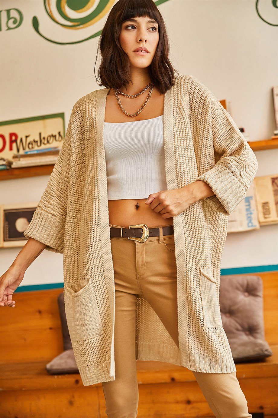 Kol Katlamalı Cepli Salaş Triko Hırka Taş