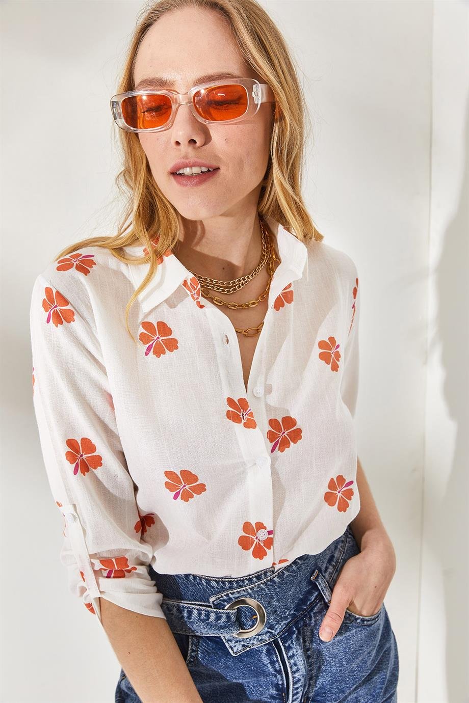 Kol Katlamalı Keten Gömlek Papatya Turuncu