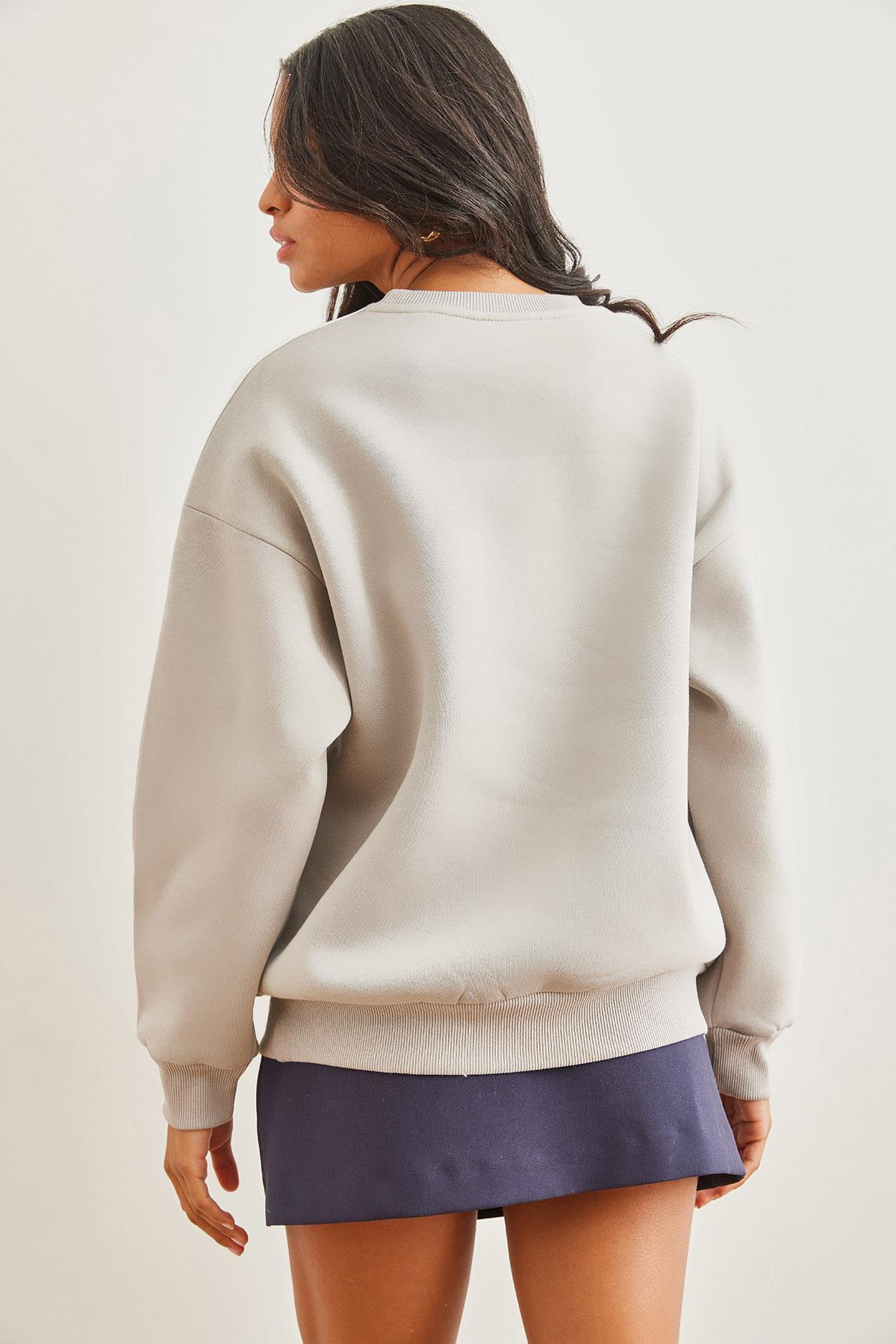 Kol Şeritli Şardonlu Kalın Sweatshirt Gri