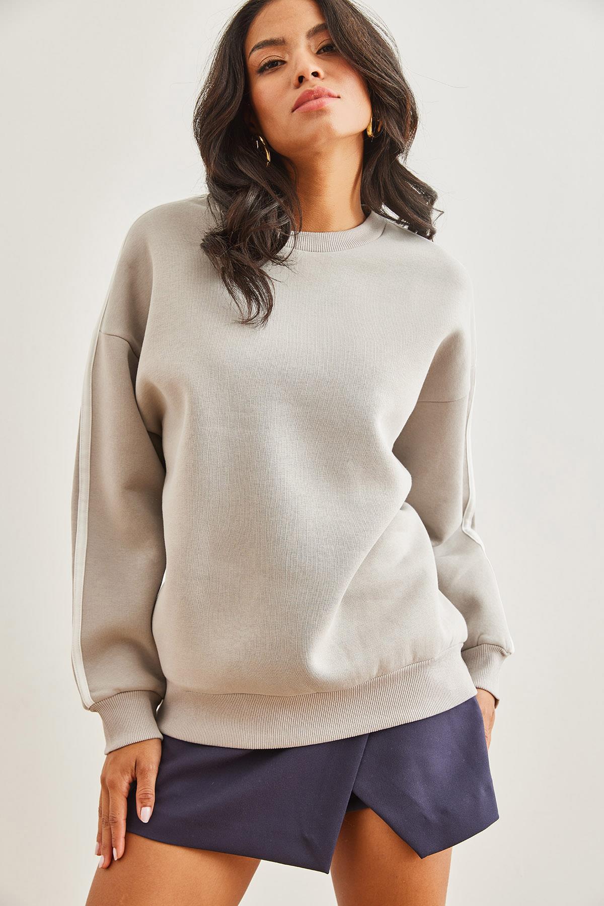 Kol Şeritli Şardonlu Kalın Sweatshirt Gri