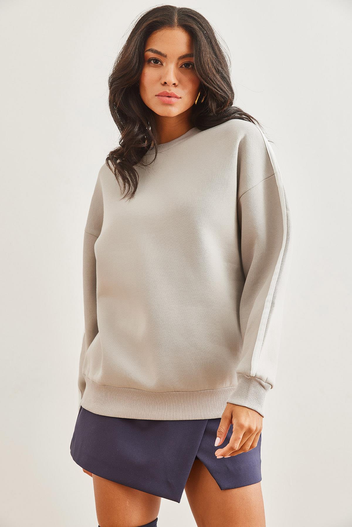 Kol Şeritli Şardonlu Kalın Sweatshirt Gri