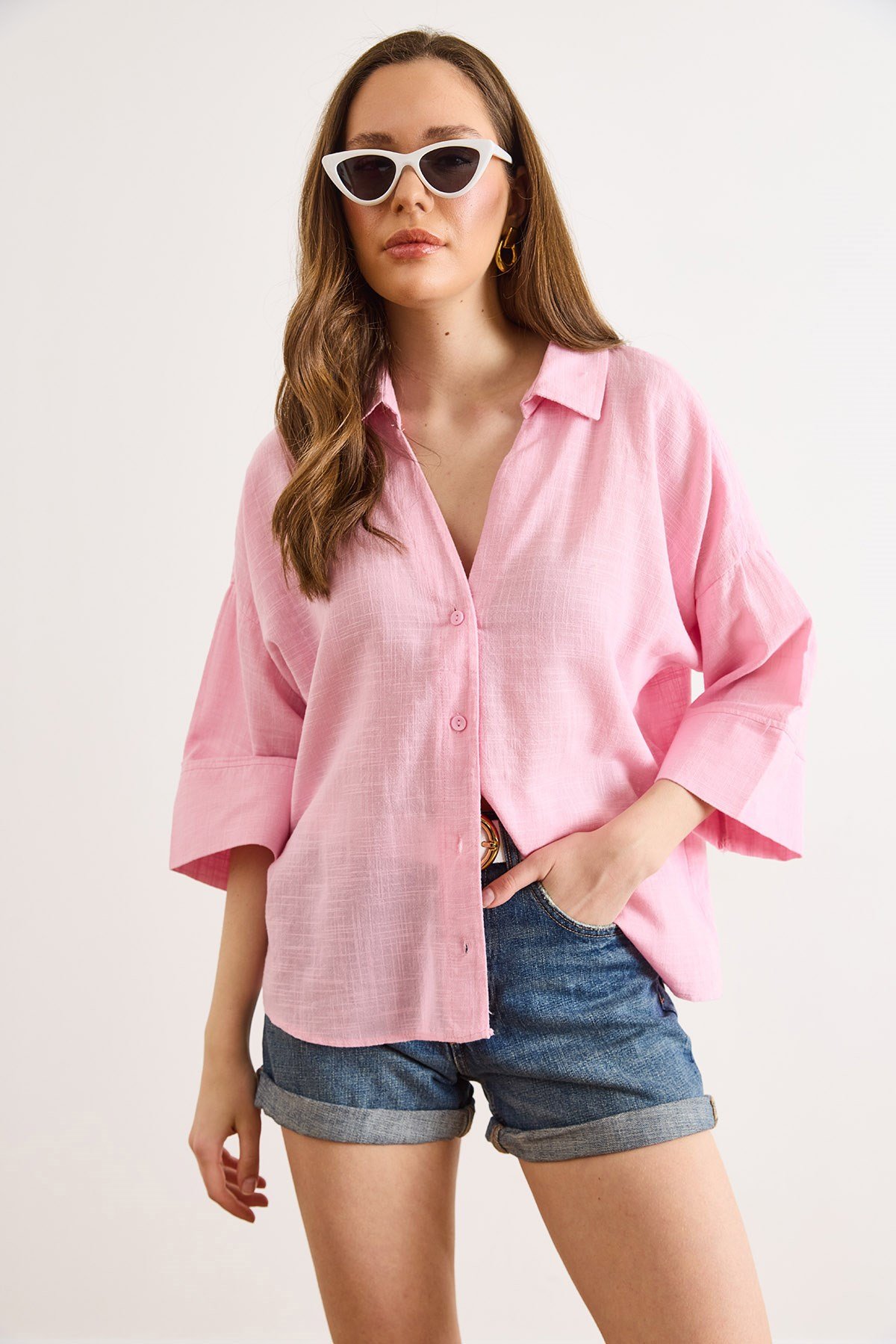 Kol Yaka Detaylı Loose Fit Flam Pamuk Gömlek Pembe
