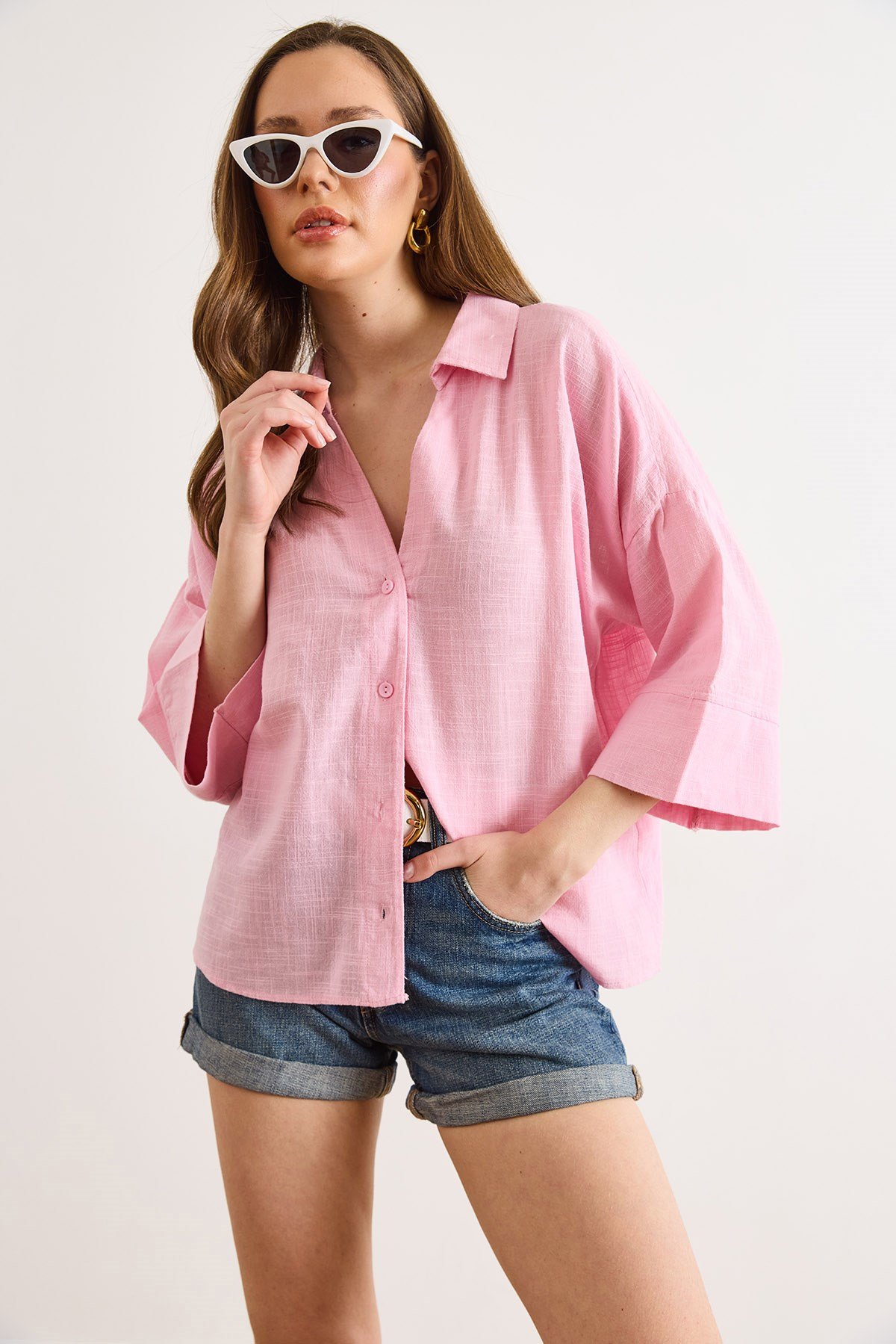 Kol Yaka Detaylı Loose Fit Flam Pamuk Gömlek Pembe