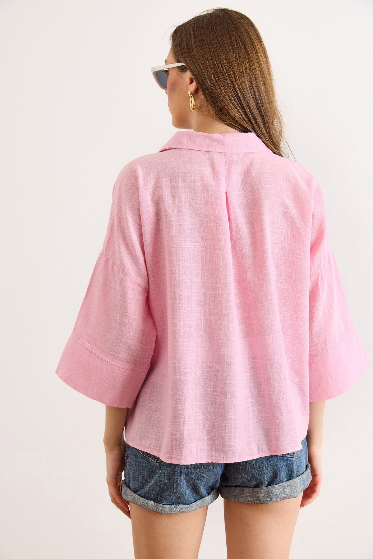 Kol Yaka Detaylı Loose Fit Flam Pamuk Gömlek Pembe