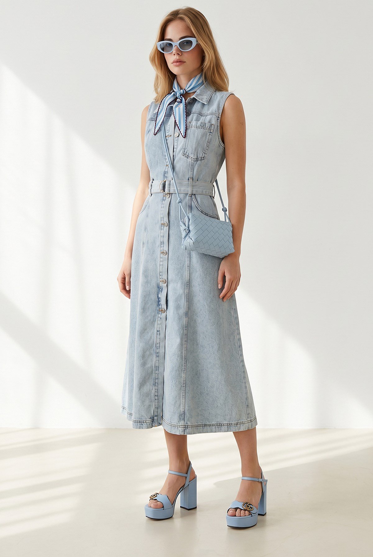Kolsuz Cepli Kuşaklı Uzun Denim Elbise Mavi Kar