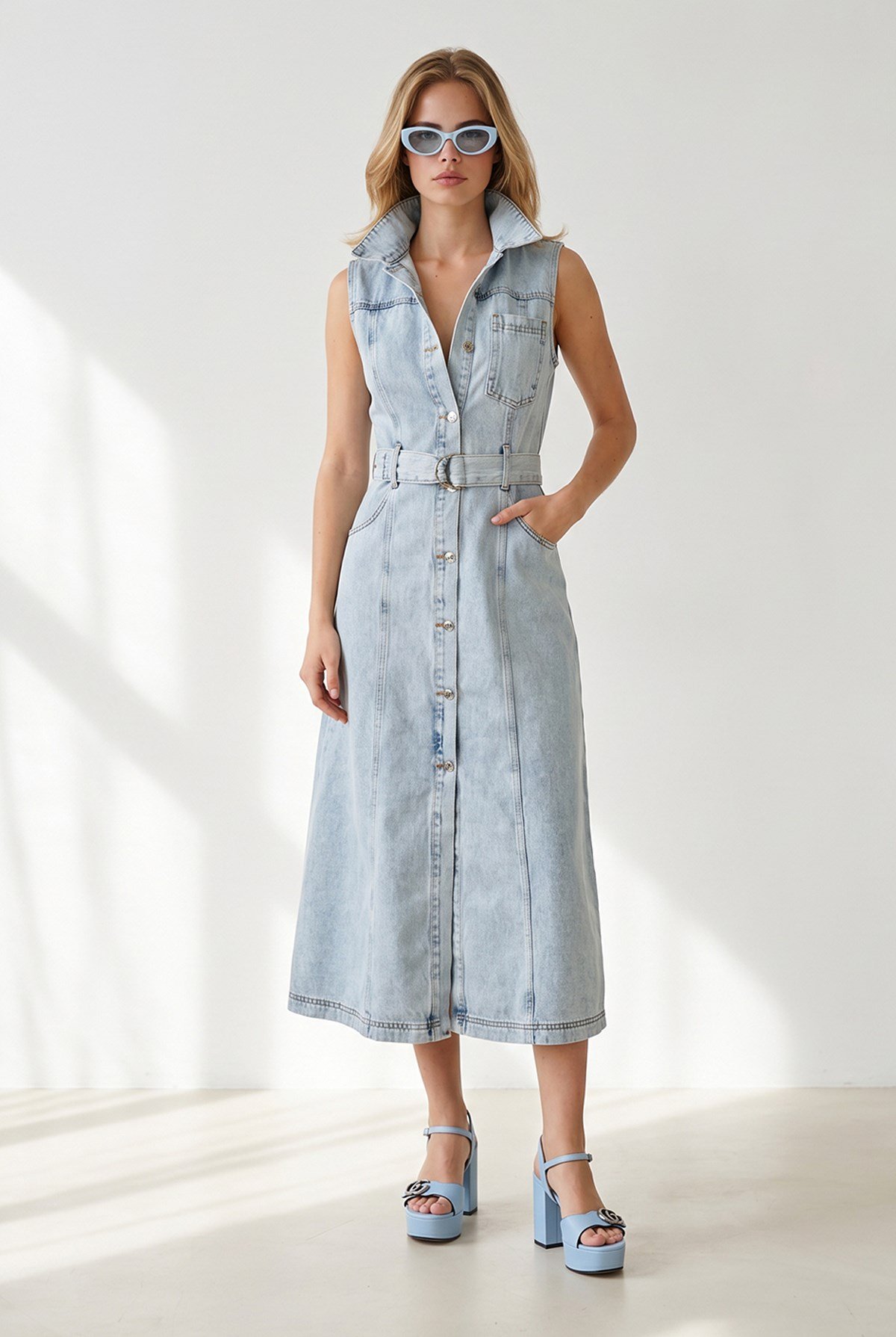 Kolsuz Cepli Kuşaklı Uzun Denim Elbise Mavi Kar