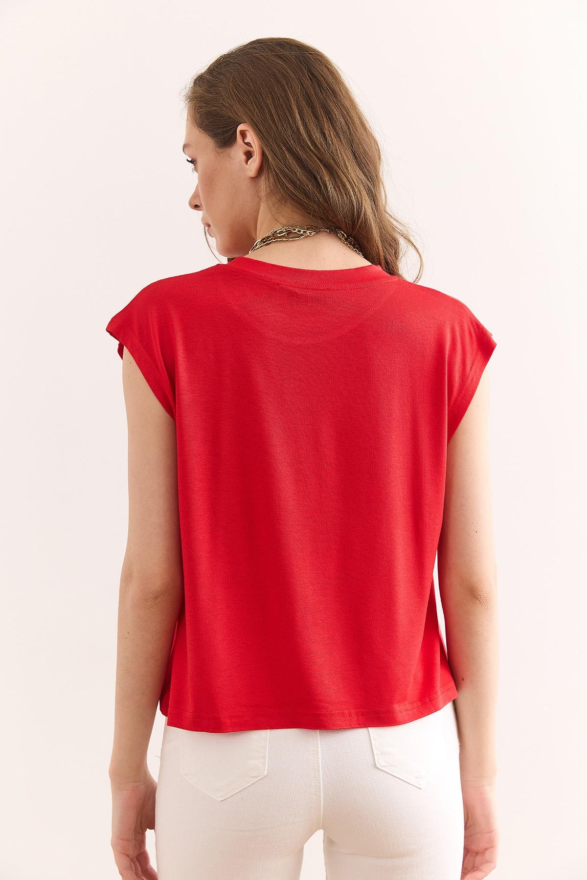 Kolsuz Crop Dökümlü Top Bluz Kırmızı