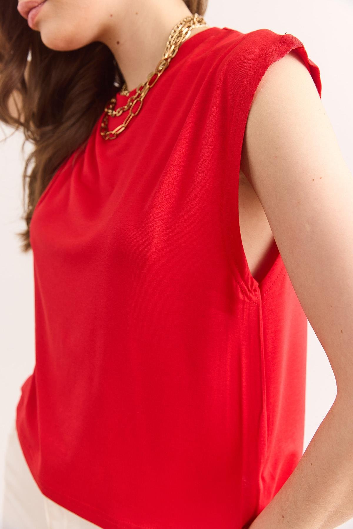 Kolsuz Crop Dökümlü Top Bluz Kırmızı