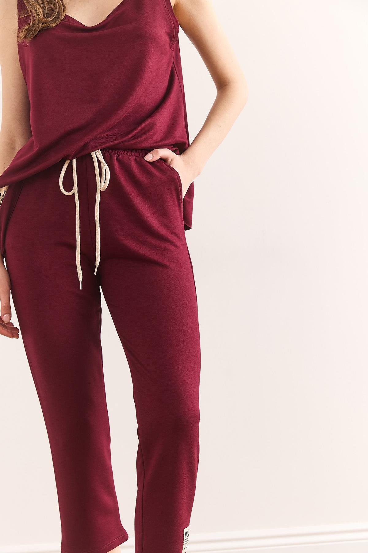 Kolsuz Salaş Bluzlu Alt Üst Kristal Takım Bordo