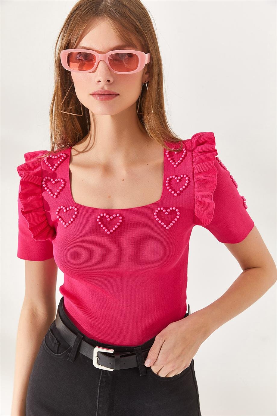Kolu Fırfırlı Kalp Boncuk Garnili Crop Bluz Fuşya