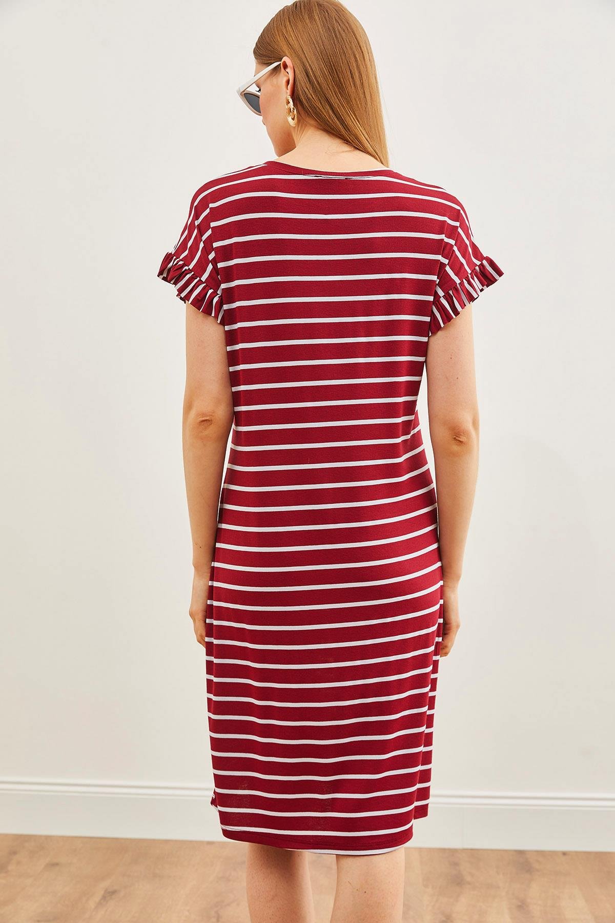 Kolu Fırfırlı Örme Viskon Mini Elbise Bordo Çizgili