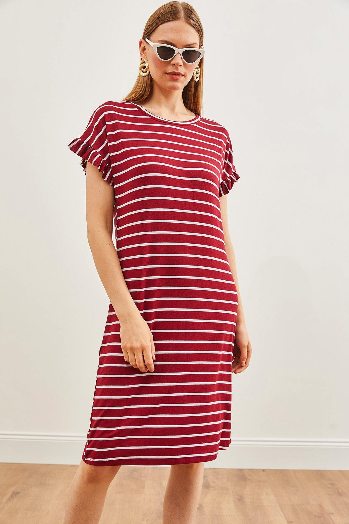 Kolu Fırfırlı Örme Viskon Mini Elbise Bordo Çizgili
