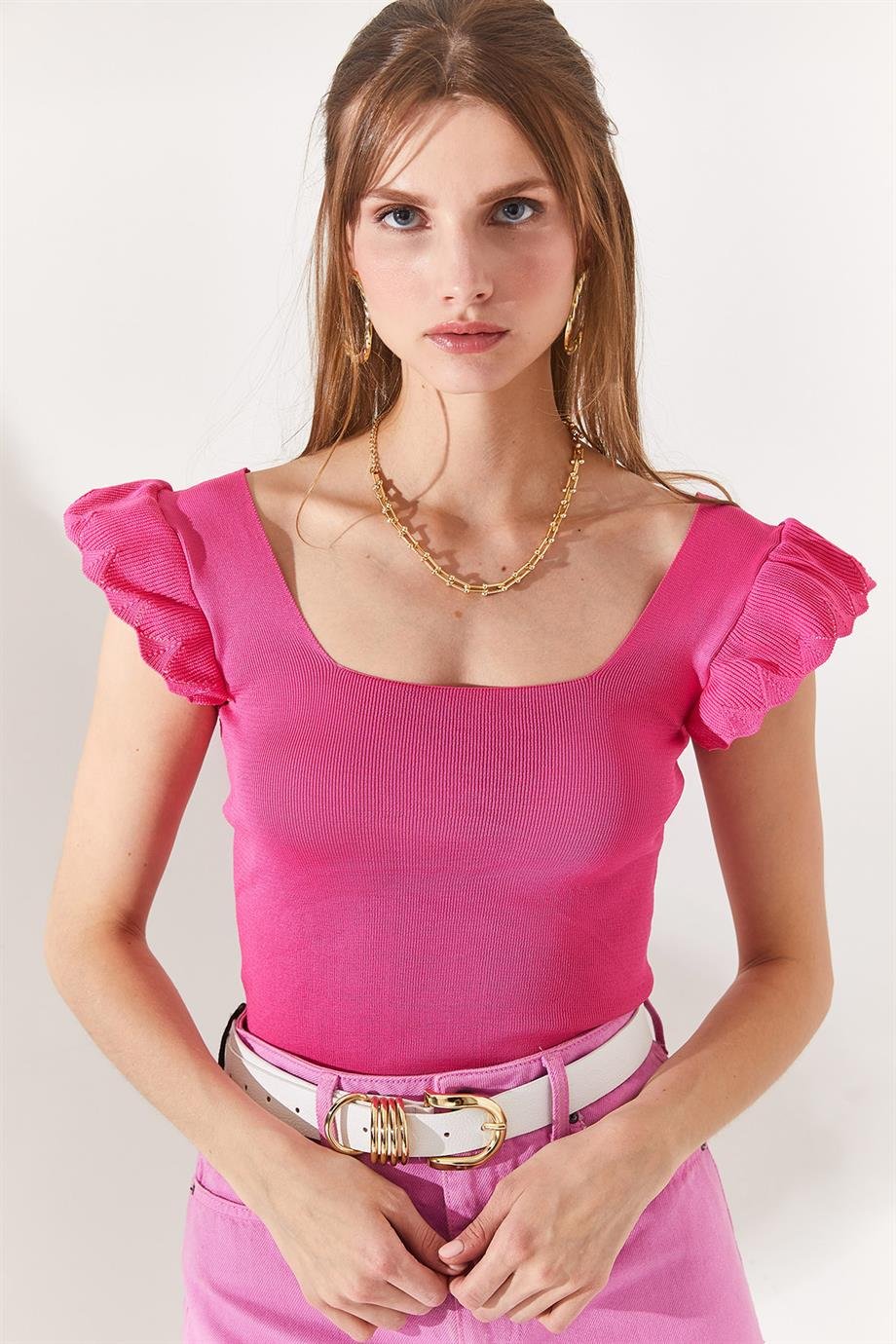 Kolu Fırfırlı Yazlık Triko Bluz Pembe