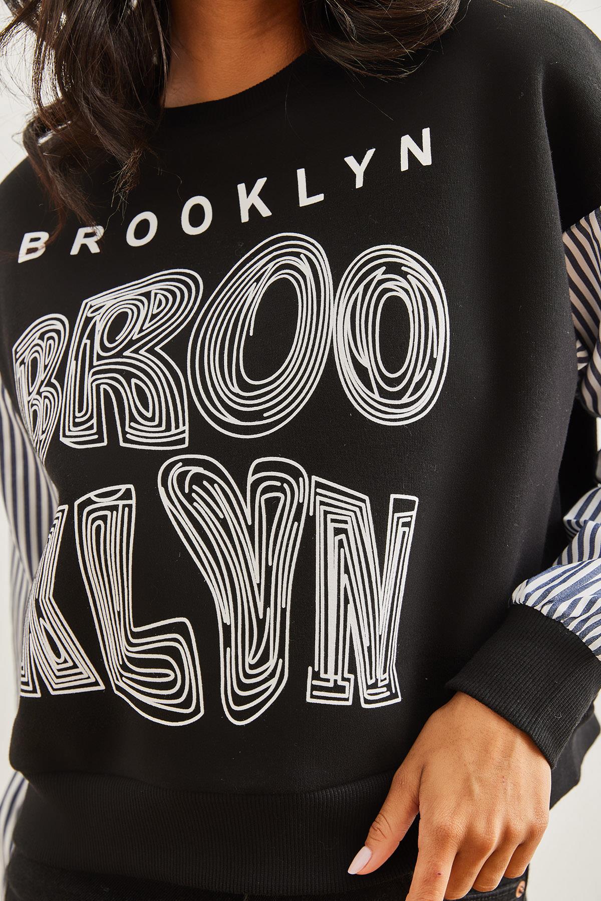 Kolu Garnili Baskılı Şardonlu Sweatshirt Siyah