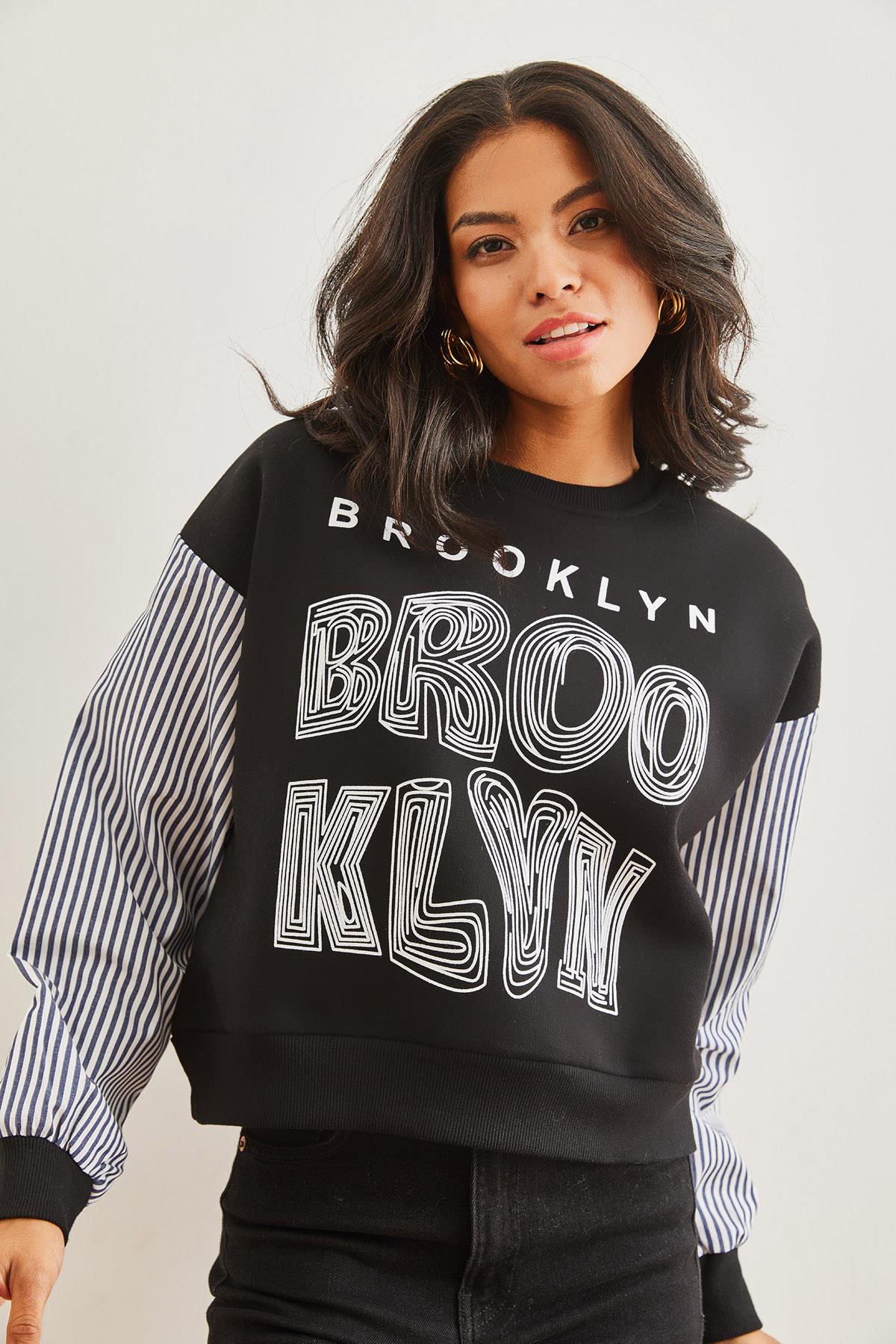 Kolu Garnili Baskılı Şardonlu Sweatshirt Siyah