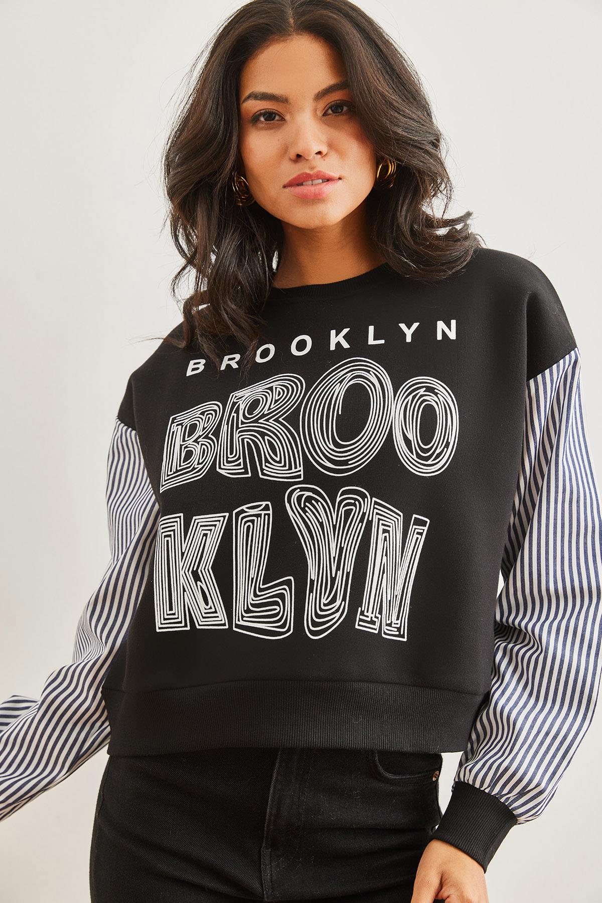 Kolu Garnili Baskılı Şardonlu Sweatshirt Siyah