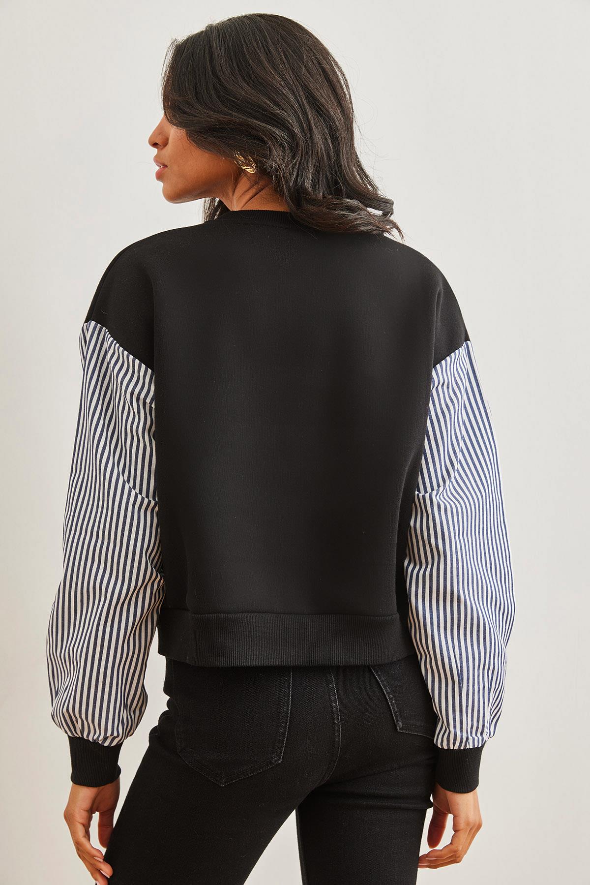 Kolu Garnili Baskılı Şardonlu Sweatshirt Siyah