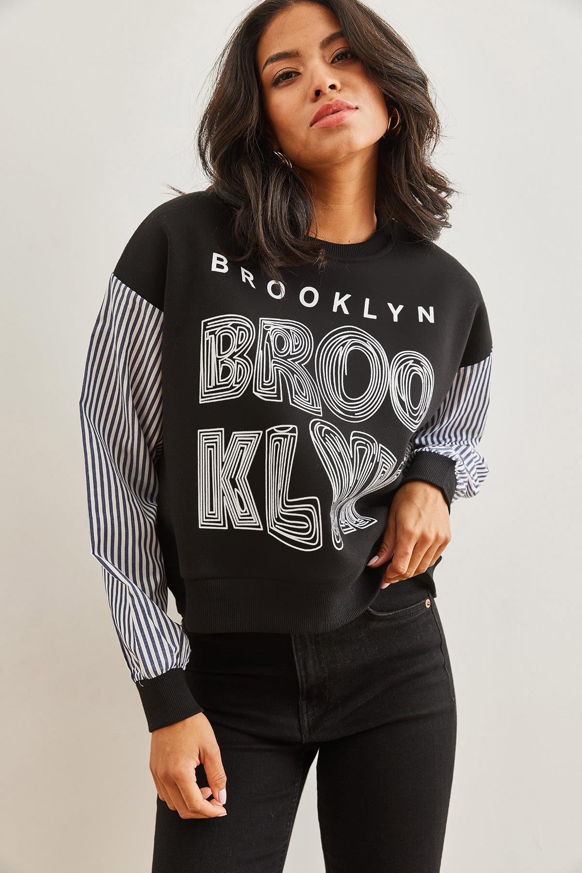 Kolu Garnili Baskılı Şardonlu Sweatshirt Siyah