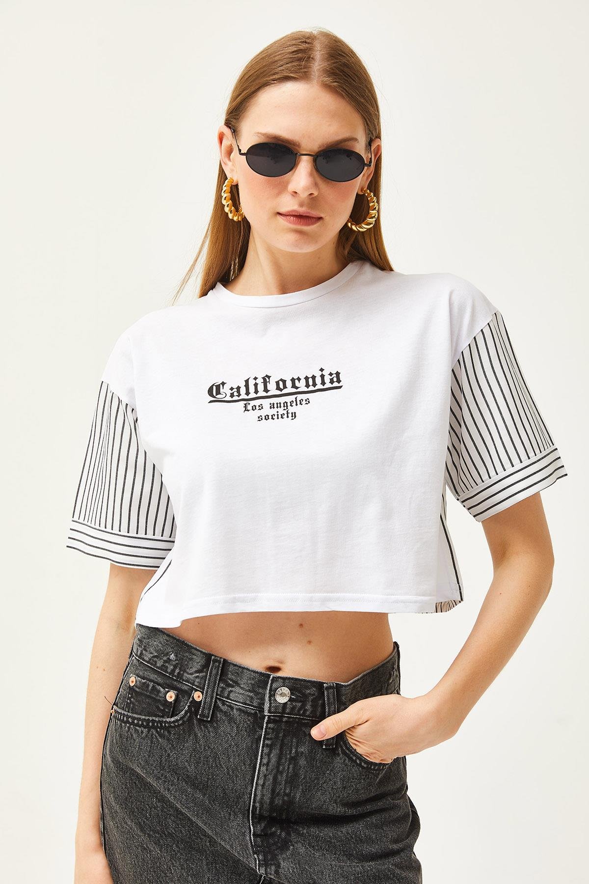 Kolu ve Sırtı Garnili Crop Bluz Beyaz