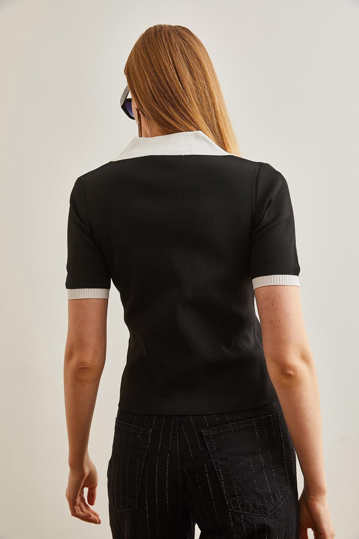 Kontrast Detaylı Polo Yaka Crop Triko Bluz Siyah