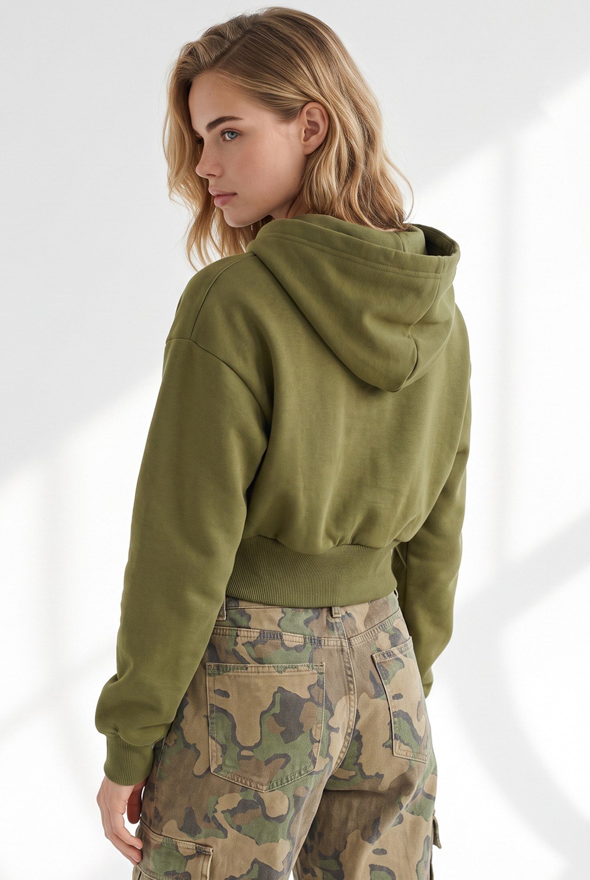 Korsaj Detaylı Fermuarlı Şardonlu Crop Sweatshirt Yağ Yeşili