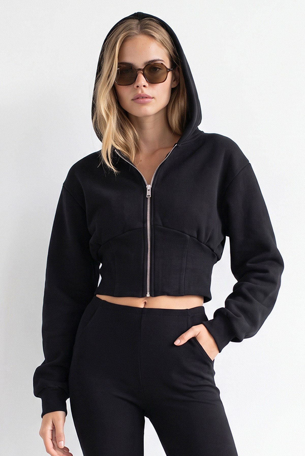 Korsaj Detaylı Fermuarlı Şardonlu Crop Sweatshirt Siyah