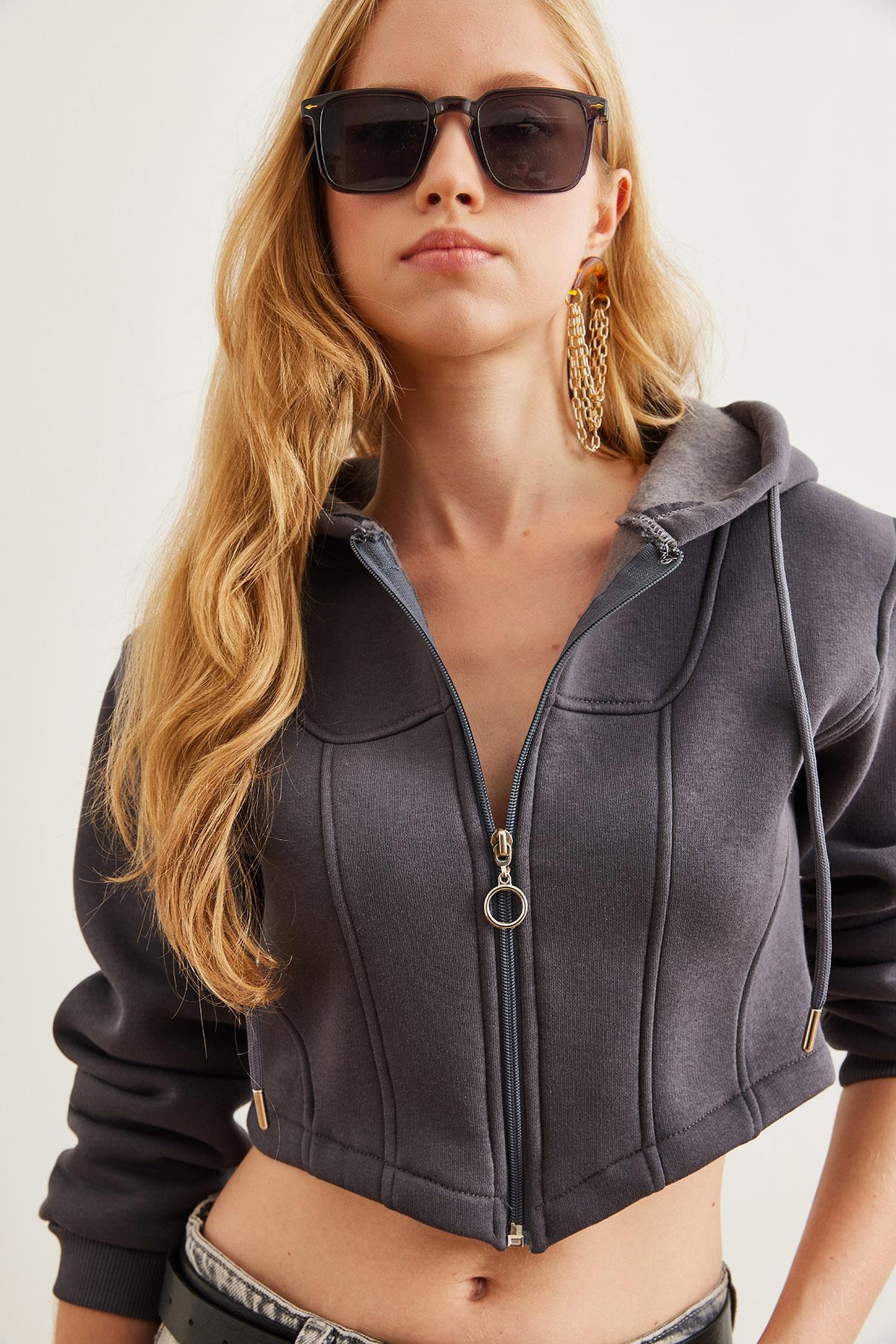 Korse Detaylı Kapüşonlu Şardonlu Crop Sweatshirt Antrasit