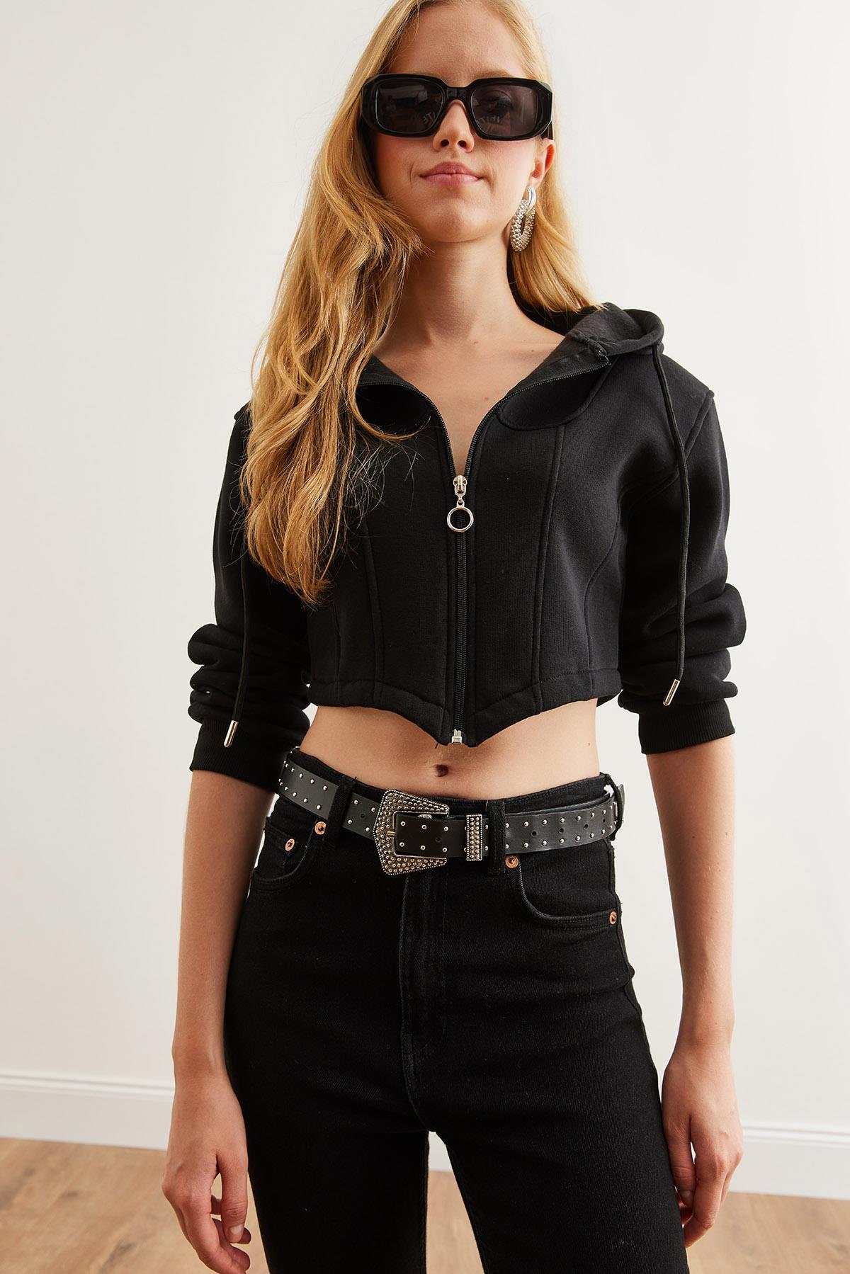 Korse Detaylı Kapüşonlu Şardonlu Crop Sweatshirt Siyah