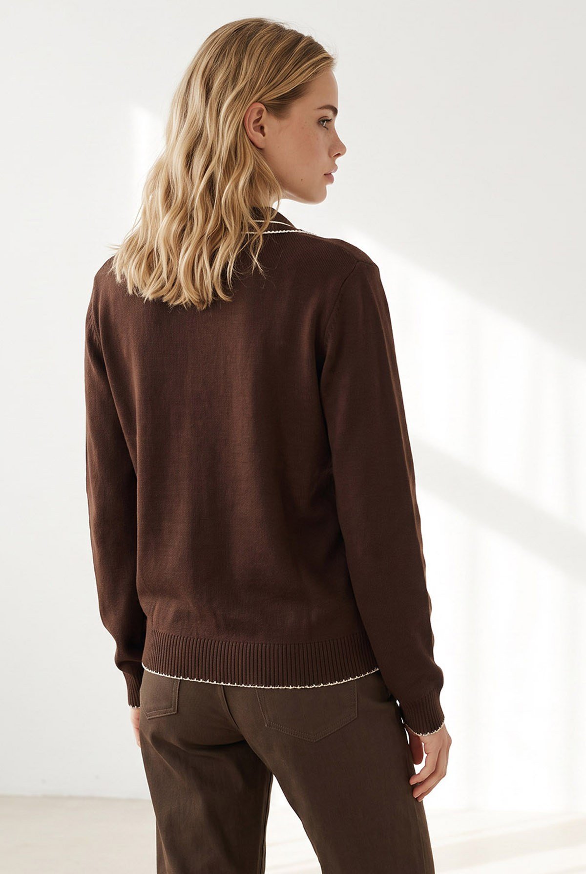 Kroşe Detaylı Polo Yaka Yumuşak Dokulu Triko Bluz Kahverengi