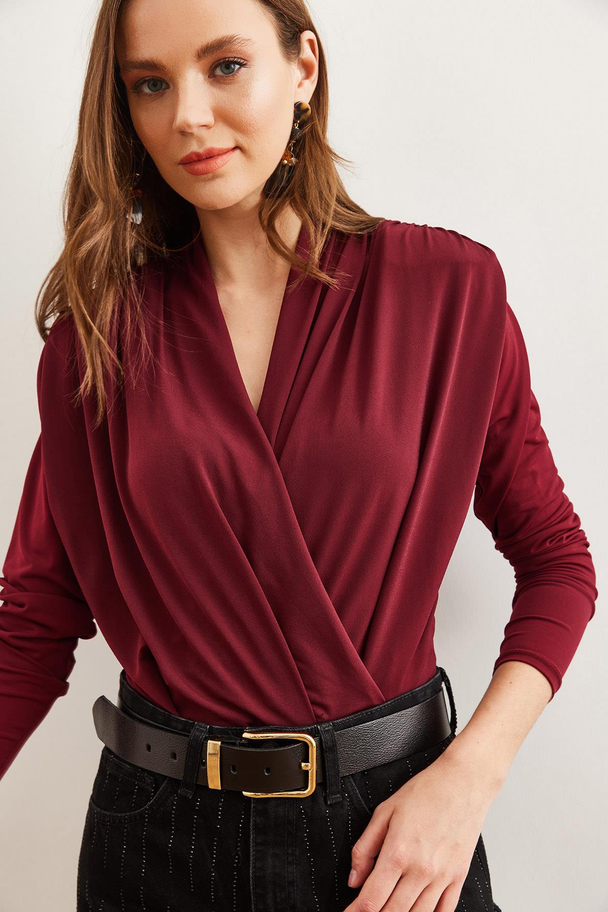 Kruvaze Omuz Drape Detaylı Altı Çıtçıtlı Bodysuit Bordo