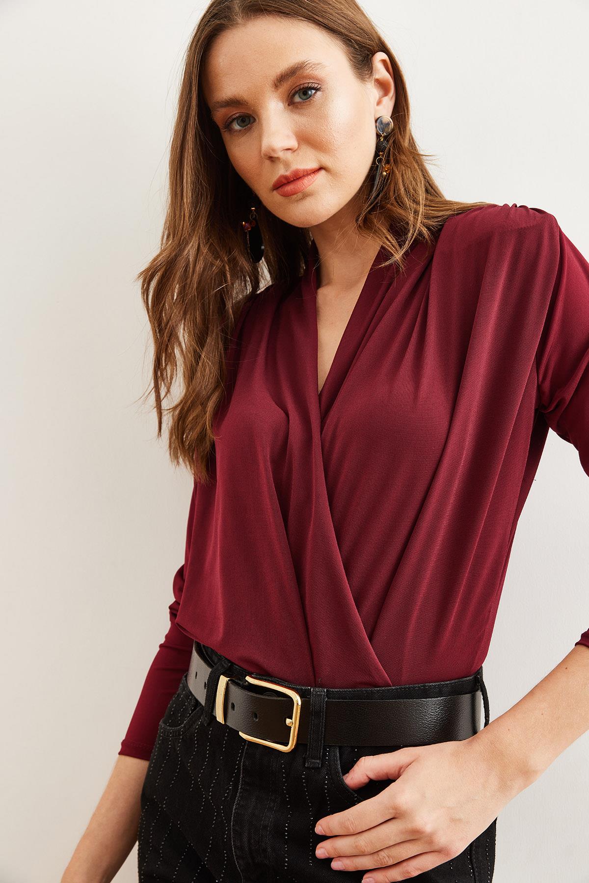 Kruvaze Omuz Drape Detaylı Altı Çıtçıtlı Bodysuit Bordo